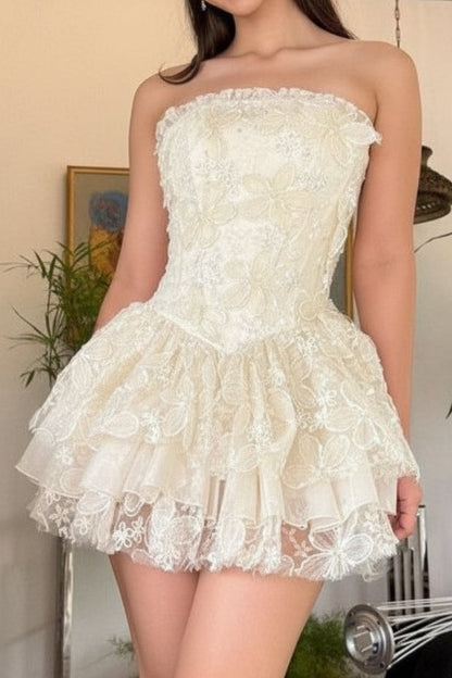 Strapless Lace Corset Mini Dress with Tiered Ruffles