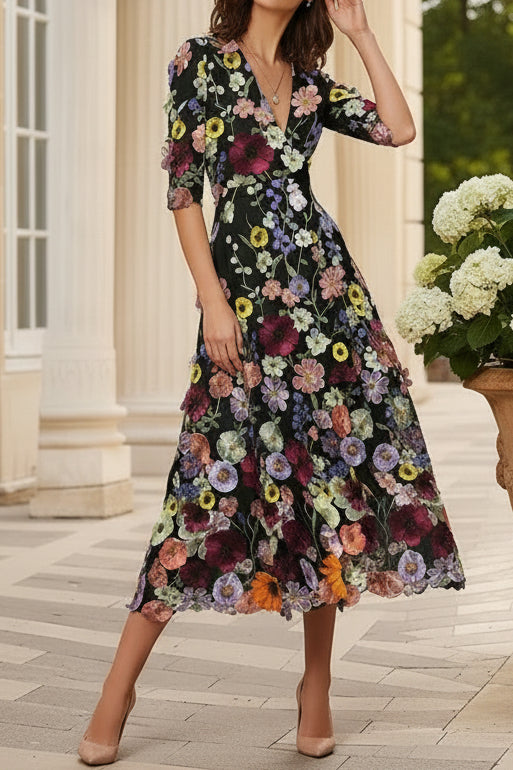 Floral Embroidered Deep V-Neck Midi Dress with Pockets