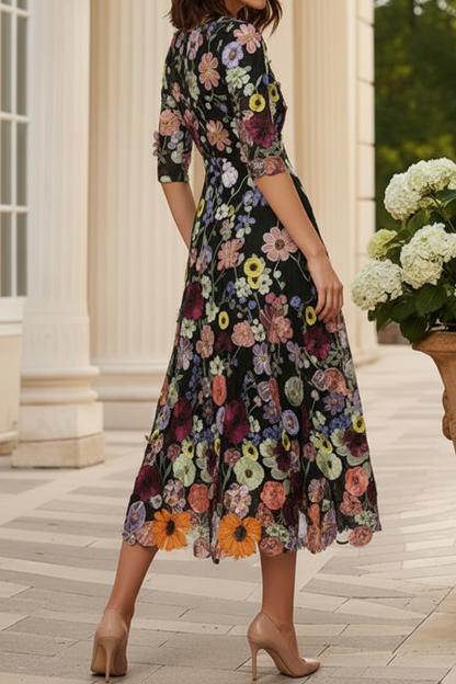 Floral Embroidered Deep V-Neck Midi Dress with Pockets