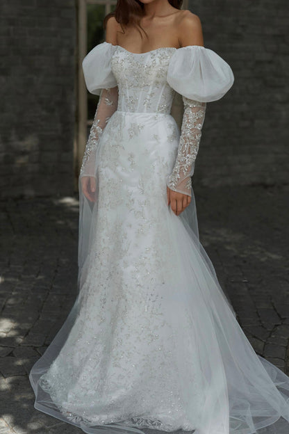 Off-the-Shoulder Tulle Wedding Dress with Sleeves