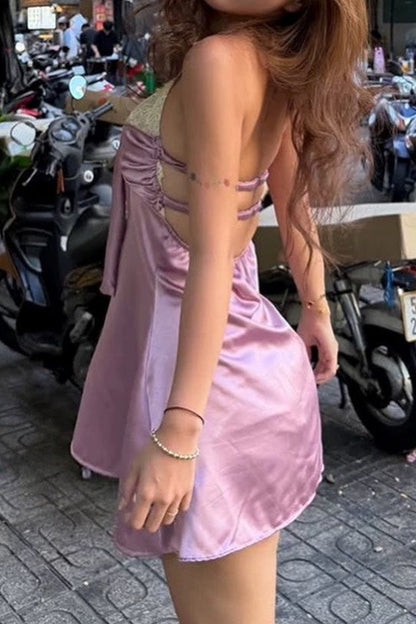 Halter Satin Mini Dress with Front Tie & Lace Trim