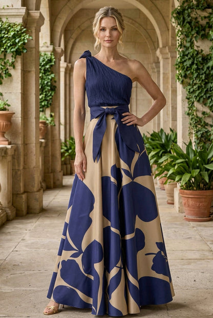 One-Shoulder Floral Print A-Line Gown