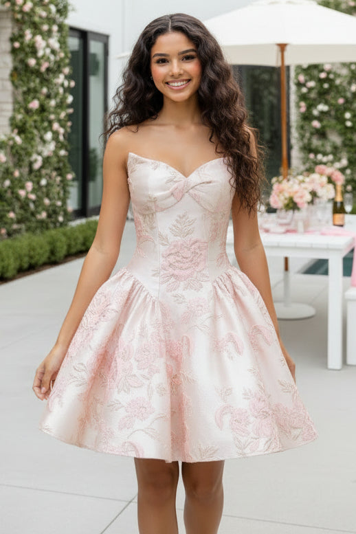 Strapless Floral Jacquard Corset Bubble Mini Dress