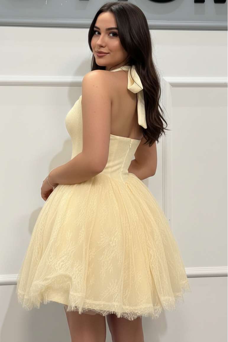 Halter Sweetheart Lace Mini Dress with Bow
