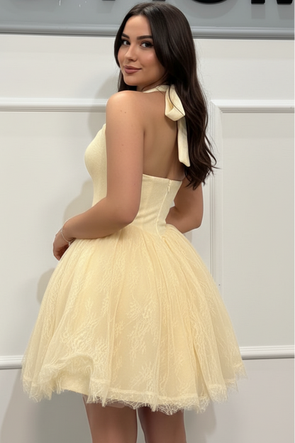 Halter Sweetheart Lace Mini Dress with Bow