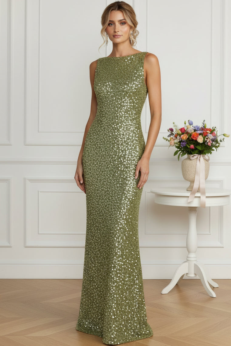 Open Back Sequin Column Evening Gown