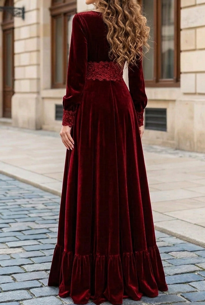 Deep V-Neck Velvet Maxi Dress with Embroidered Waist