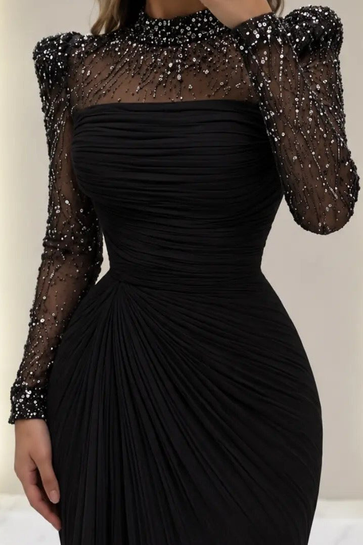 Ruched Long Sleeve Evening Dress with Beaded Illusion Neck