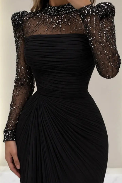 Ruched Long Sleeve Evening Dress with Beaded Illusion Neck