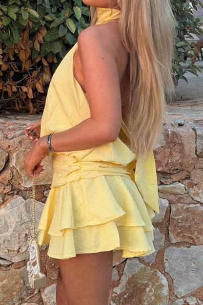 Halter Neck Tiered Ruffle Mini Dress