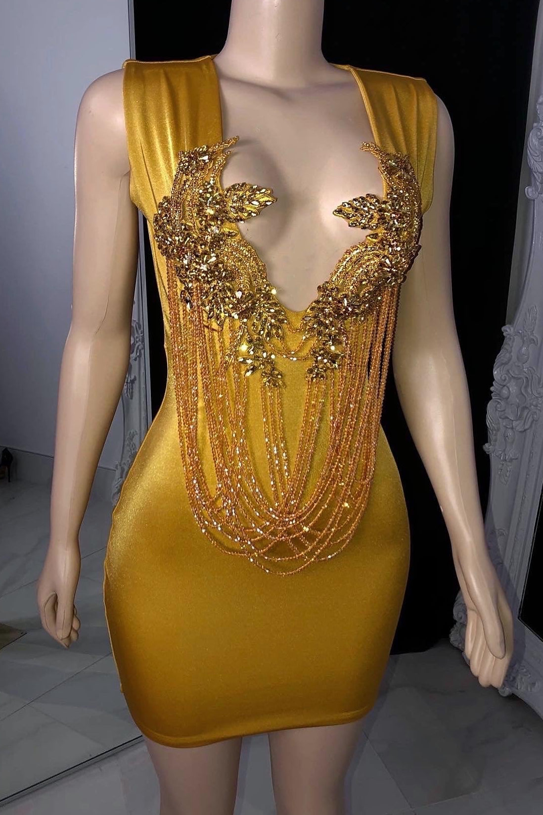 Plunging Neckline Beaded Fringe Mini Dress