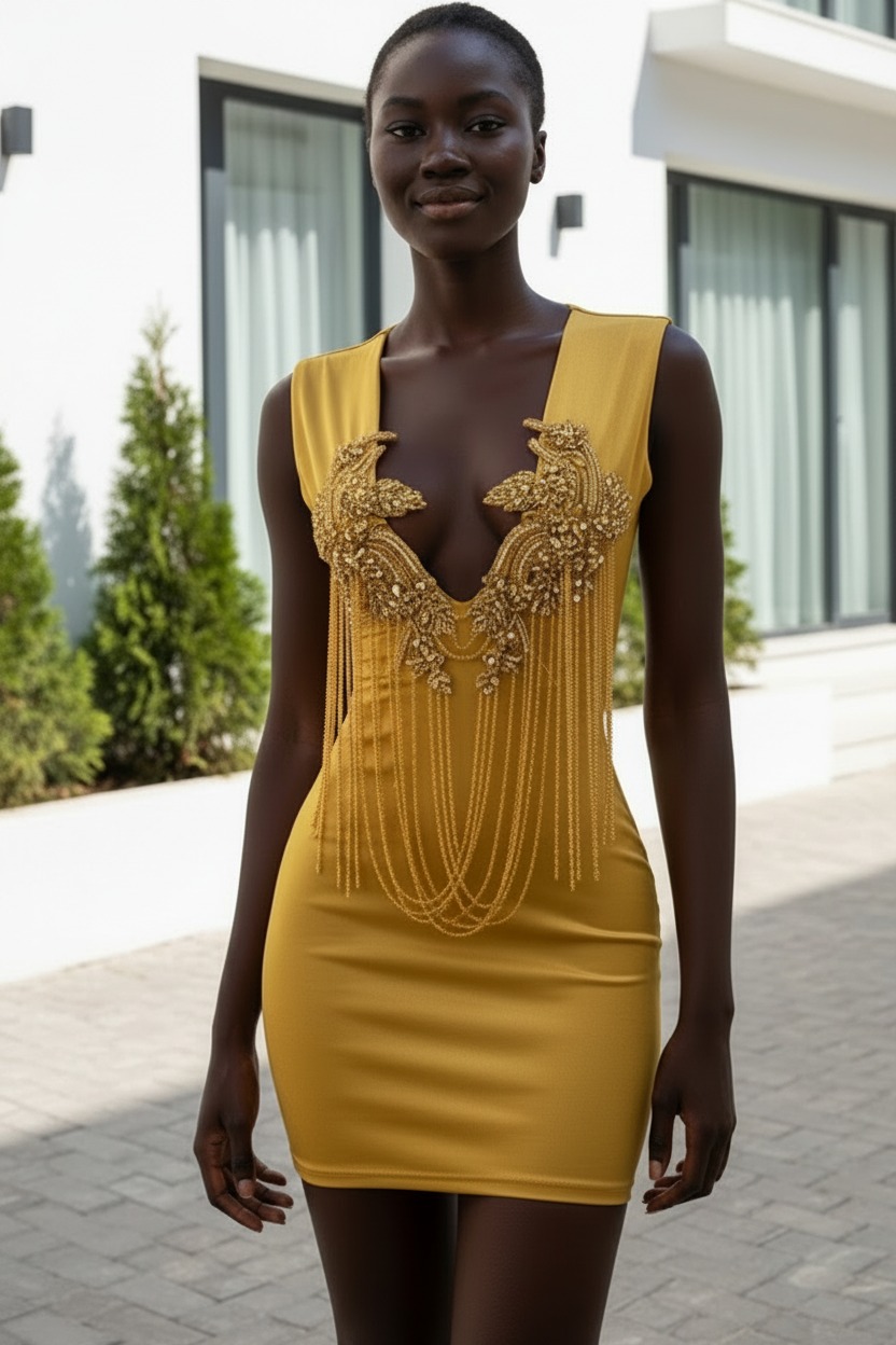 Plunging Neckline Beaded Fringe Mini Dress