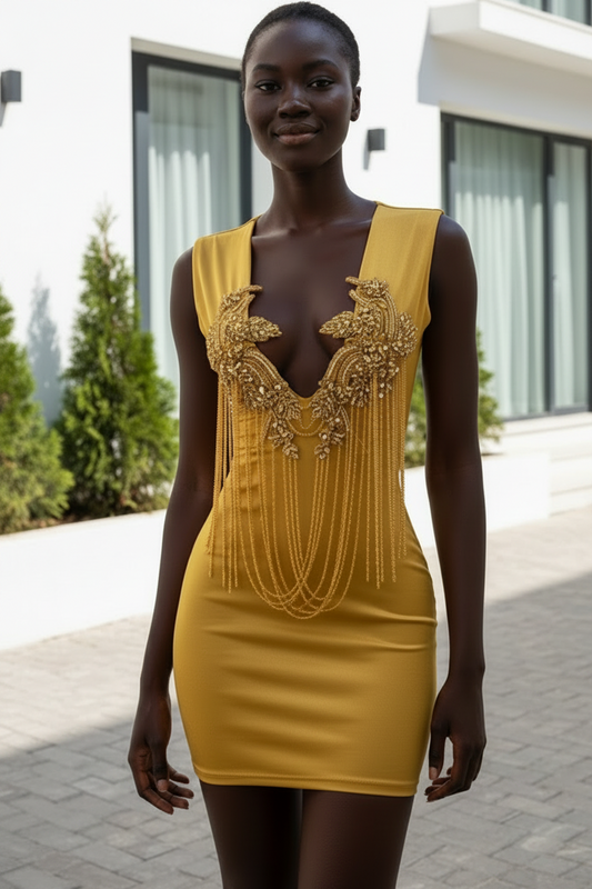 Plunging Neckline Beaded Fringe Mini Dress