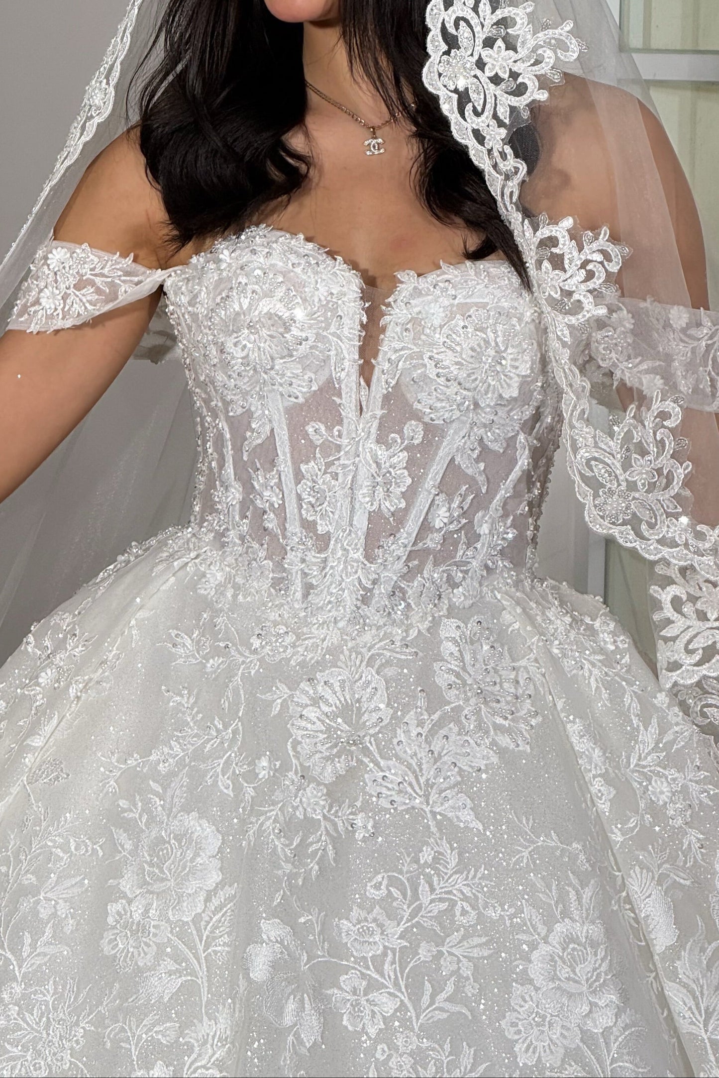 Off-the-Shoulder Lace Corset Ball Gown Wedding Dress