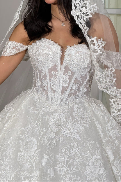 Off-the-Shoulder Lace Corset Ball Gown Wedding Dress