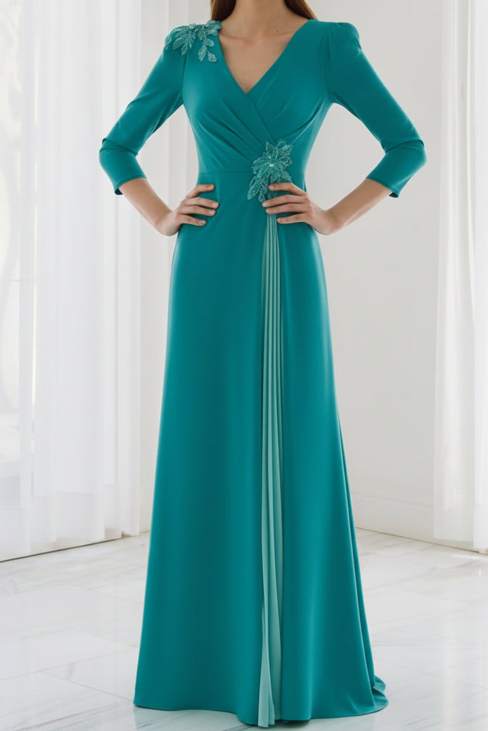 V-Neck 3/4 Sleeve Pleated Inset Evening Gown