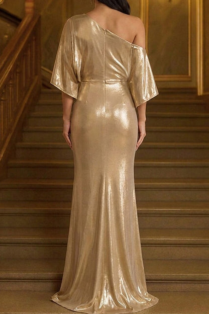 One-Shoulder Metallic Flutter Sleeve Evening Gown