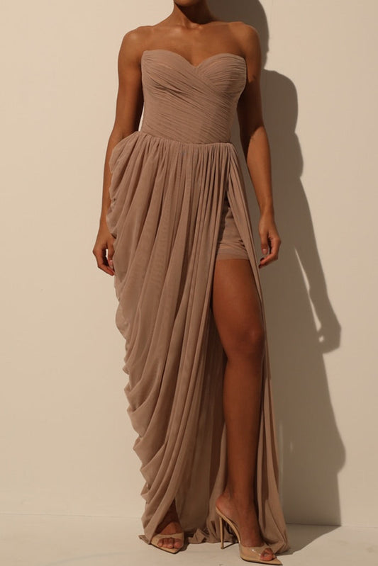 Strapless Ruched Mesh Maxi Dress with High Slit
