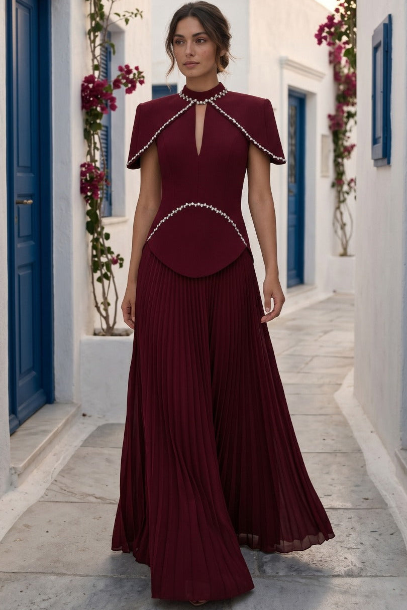 High Neck Embellished Pleated Gown