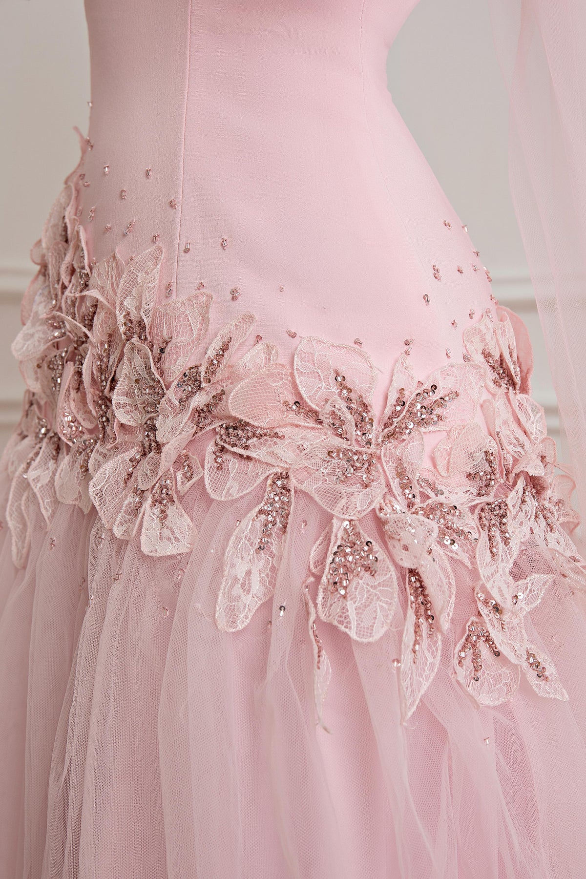 Off-the-Shoulder Tulle Gown with Floral Appliques