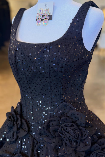 Sequin Tiered Mini Dress with 3D Rosettes