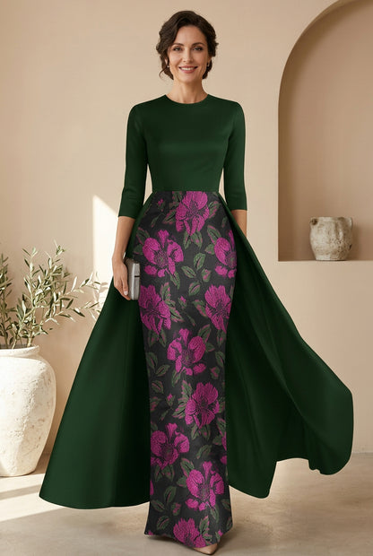 Floral Column Evening Gown with Overskirt