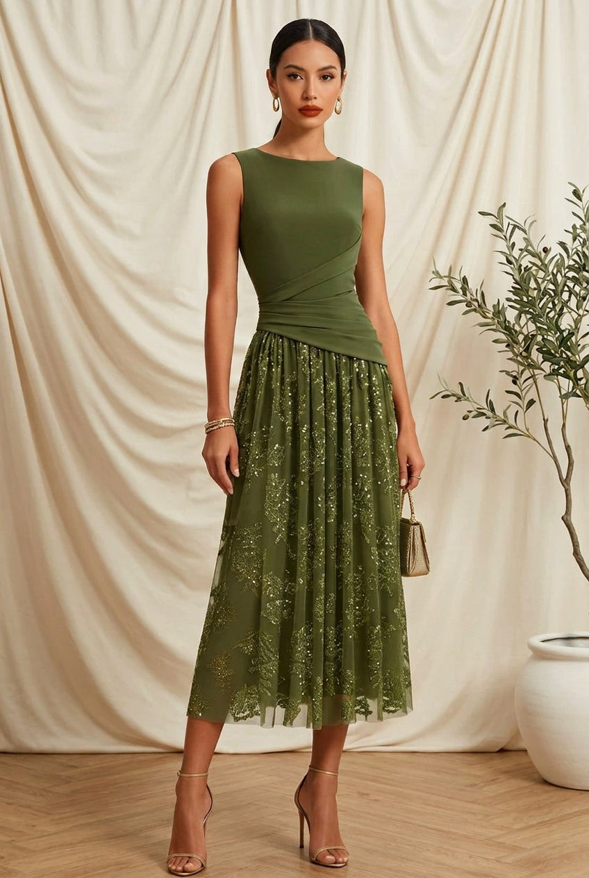 Cowl Back Midi Dress with Sequin Mesh Skirt
