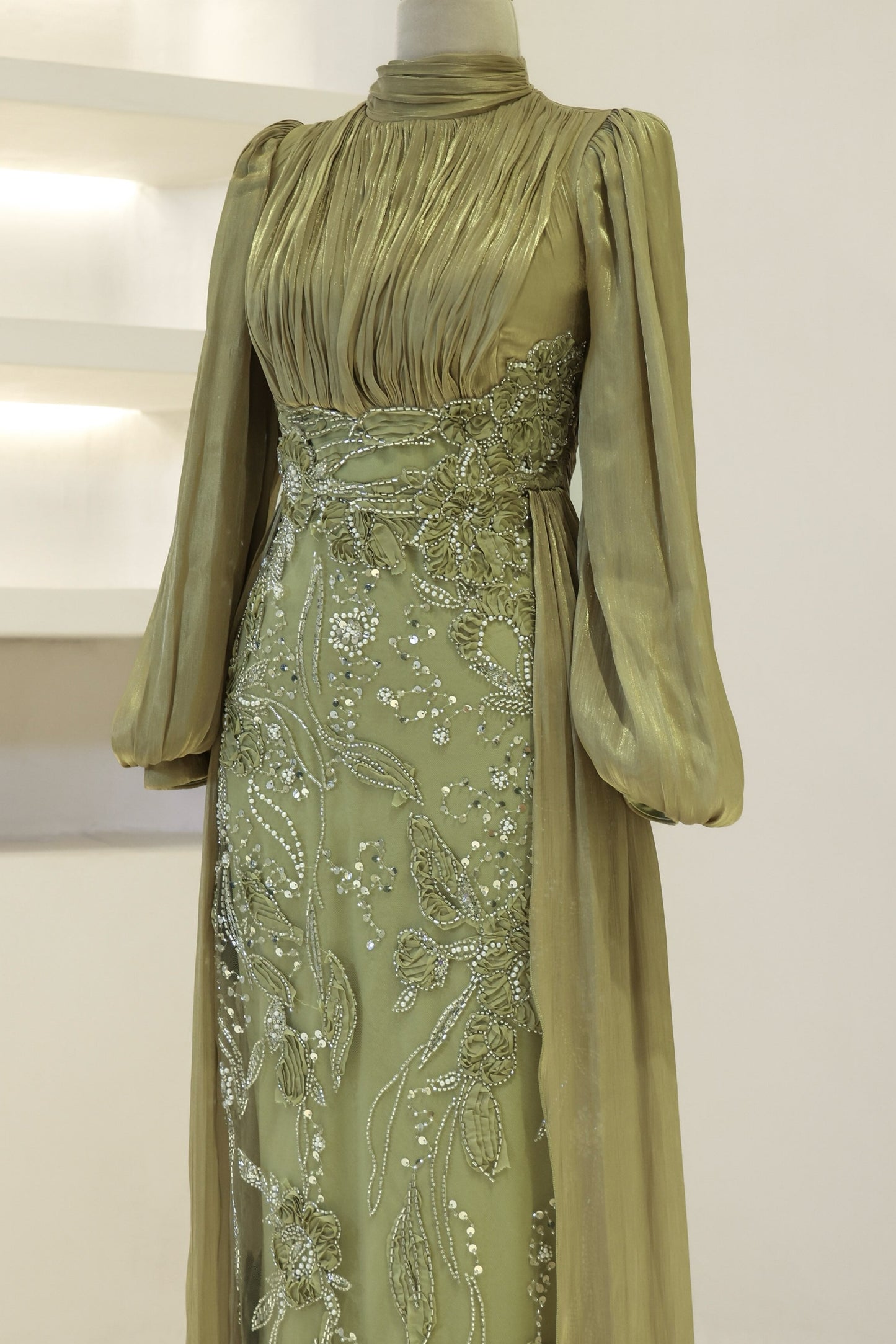 Long-Sleeve High-Neck Evening Gown with Floral Beaded Skirt