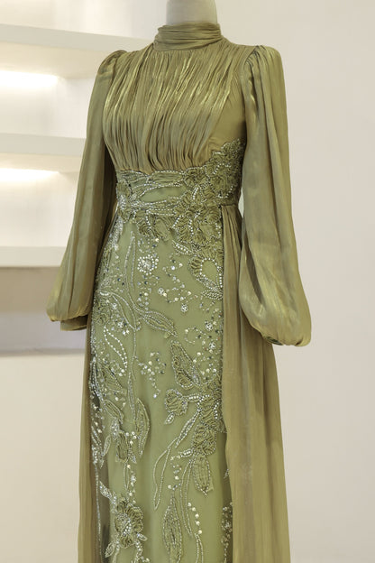 Long-Sleeve High-Neck Evening Gown with Floral Beaded Skirt