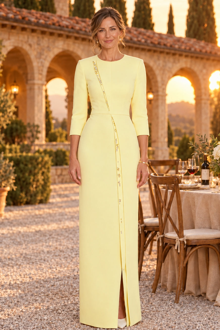 Embellished Column Gown with 3/4 Sleeves