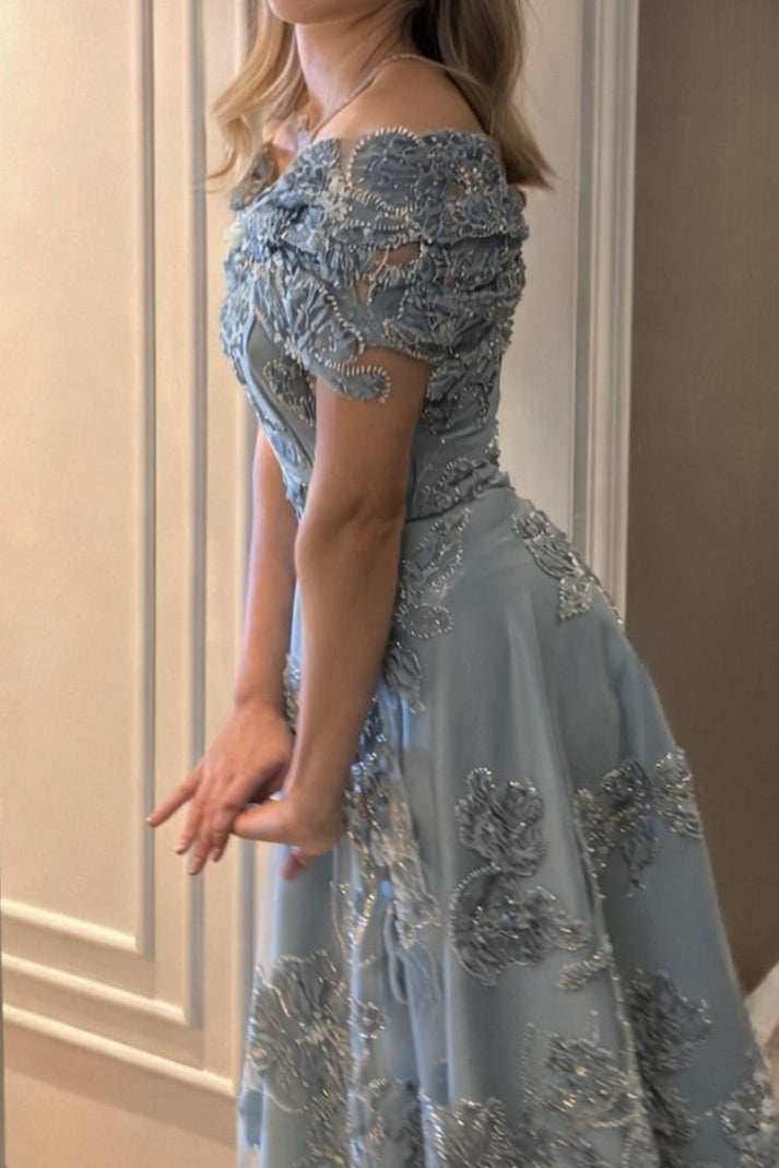 Off-the-Shoulder Embroidered A-Line Tea-Length Gown
