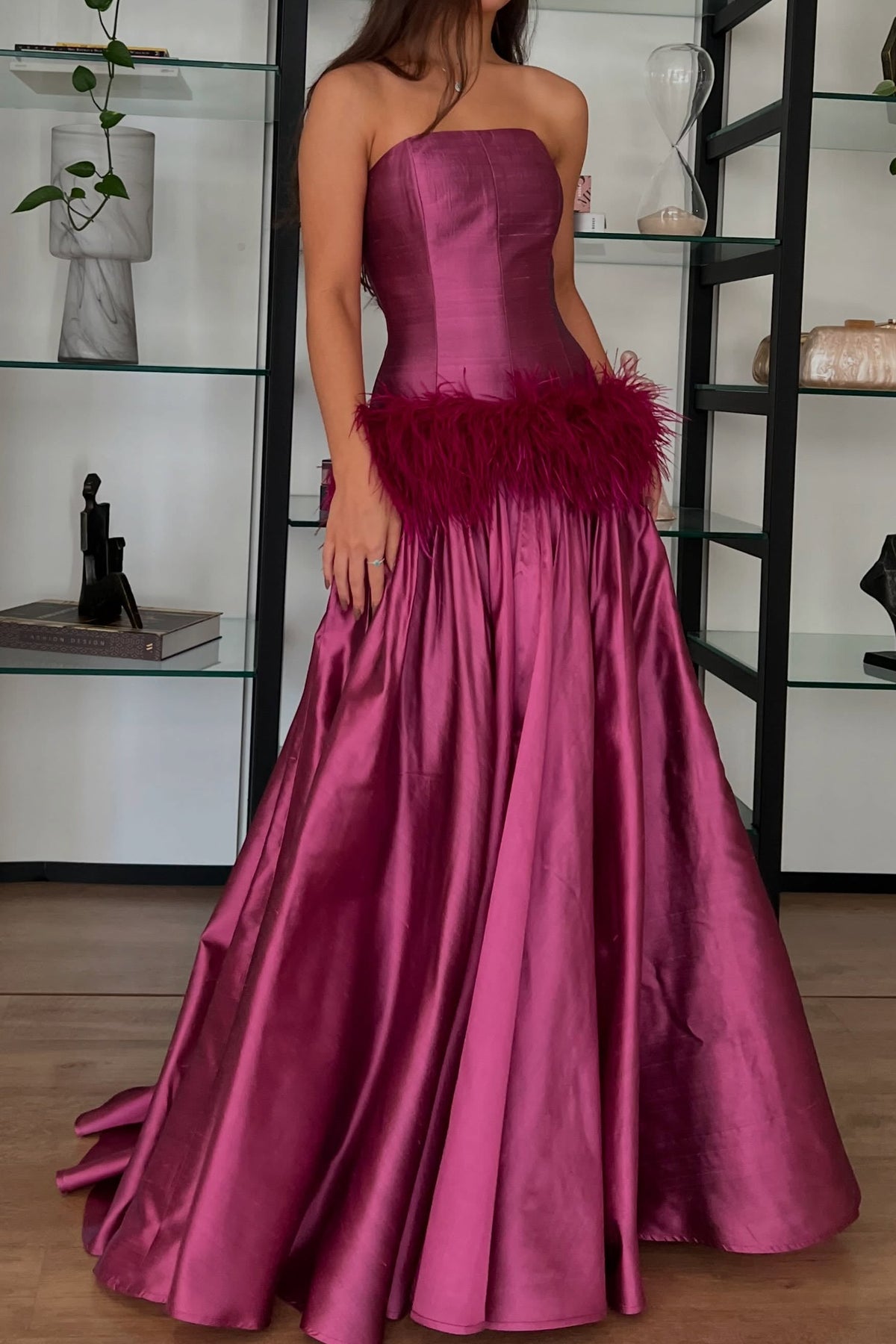 Strapless Feather Drop Waist Ball Gown
