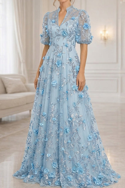 3D Floral Applique A-Line Gown with Puff Sleeves
