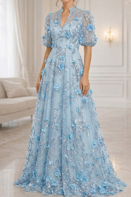 3D Floral Applique A-Line Gown with Puff Sleeves