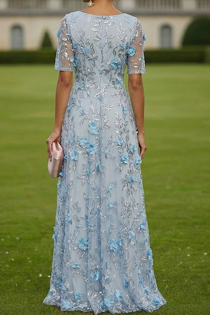 A-Line V-Neck Short Sleeve Floral Evening Dress