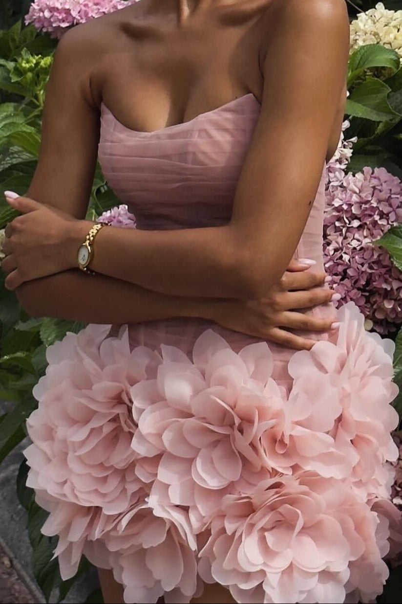 Strapless Corset Mini Dress with 3D Flower Skirt
