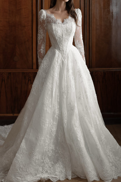 Long-Sleeve Lace Ball Gown Wedding Dress with V-Back