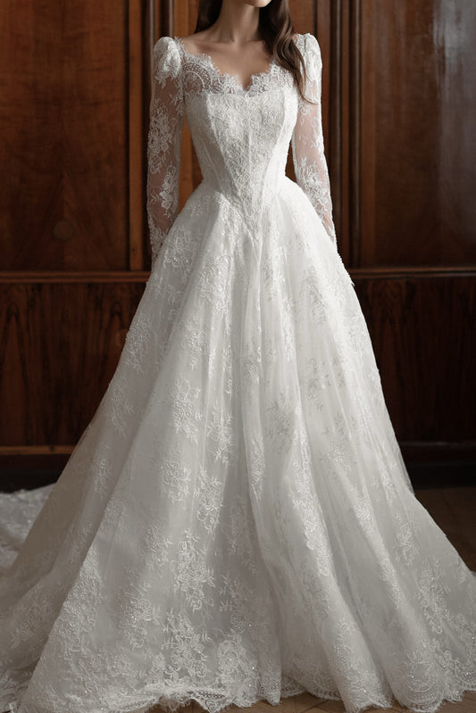 Long-Sleeve Lace Ball Gown Wedding Dress with V-Back