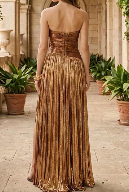 Metallic Strapless Pleated Evening Gown with Slit