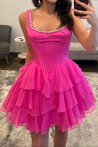 Tiered Ruffle Corset Mini Dress with Pearl Straps