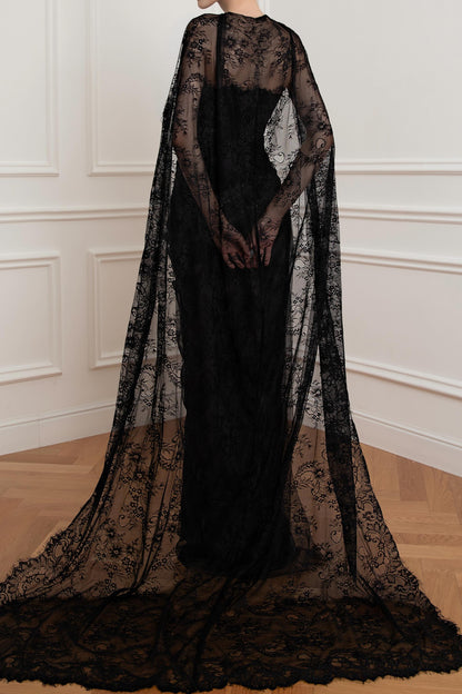 Strapless Lace Evening Gown with Cape