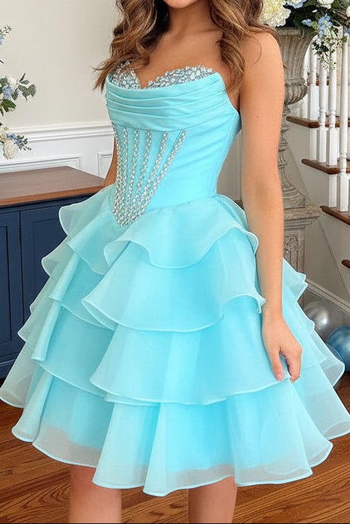 Strapless Crystal Corset Tiered Ruffle Mini Dress