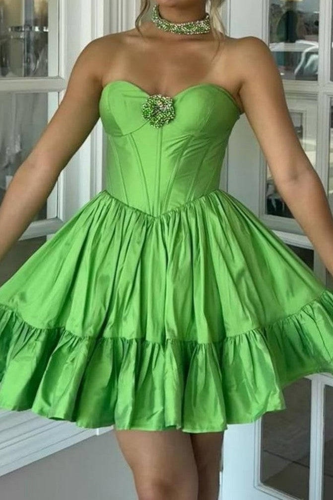 Strapless Corset Taffeta Mini Dress with Ruffled Skirt