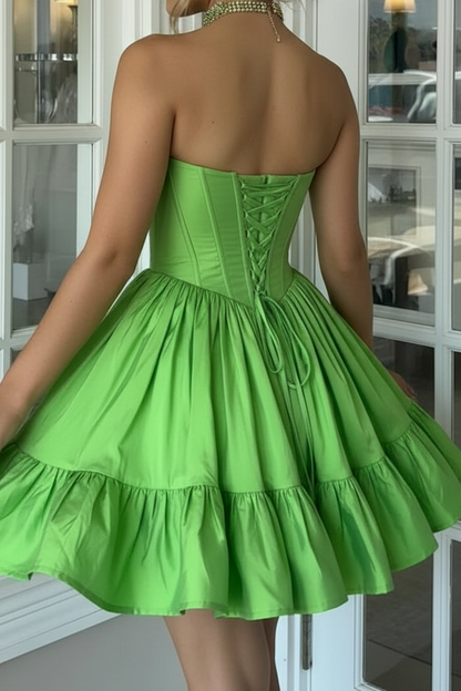 Strapless Corset Taffeta Mini Dress with Ruffled Skirt