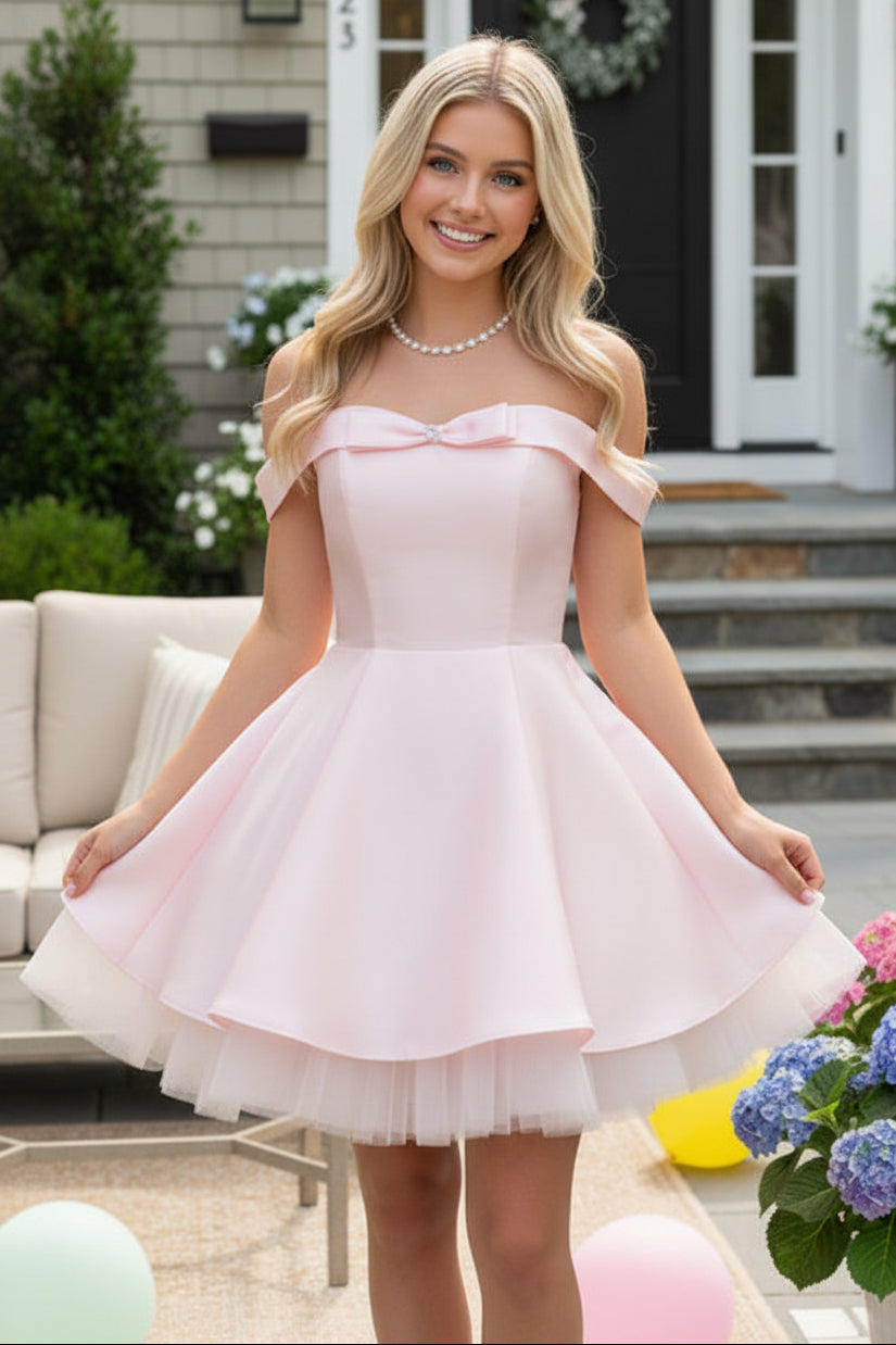 Off-the-Shoulder Satin Mini Dress with Bow & Tulle Hem