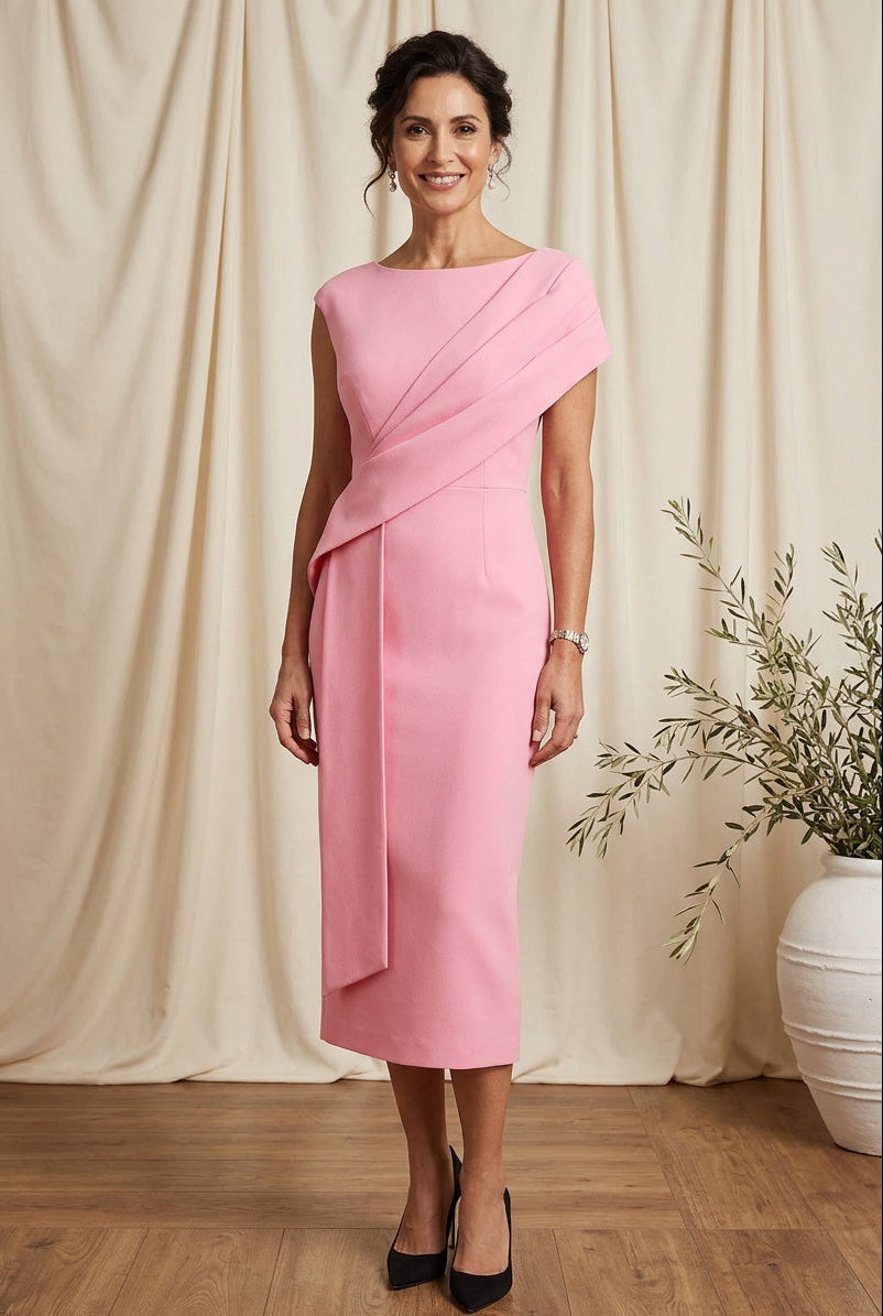 Pleated Bodice Midi Sheath Dress with Cascade Drape