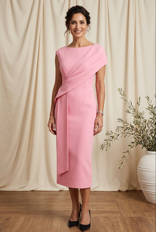 Pleated Bodice Midi Sheath Dress with Cascade Drape