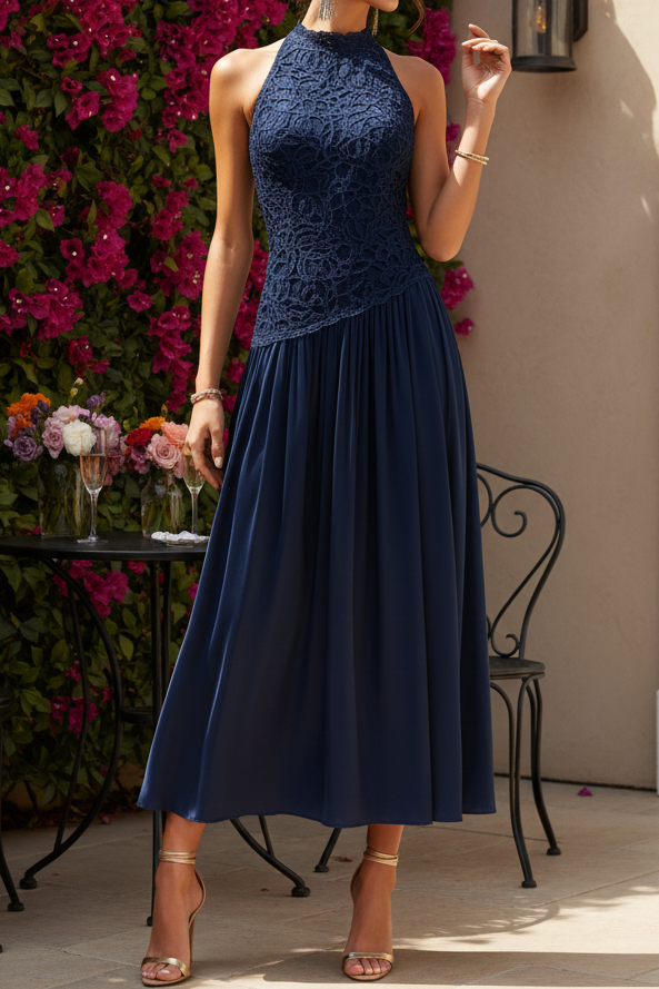 Halter Neck Lace and Satin Midi Dress