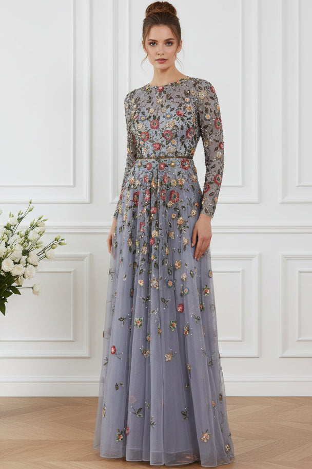 Long Sleeve Embroidered Floral A-Line Evening Gown