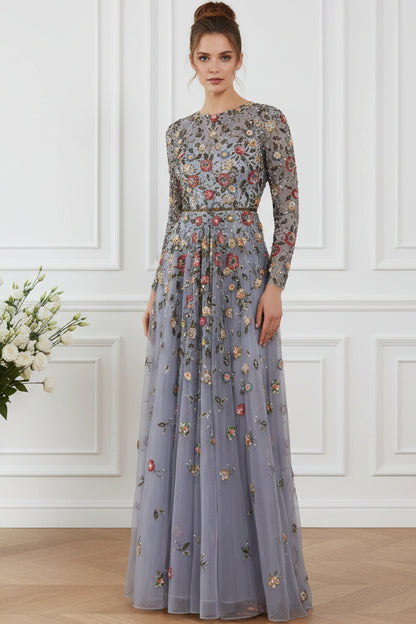 Long Sleeve Embroidered Floral A-Line Evening Gown